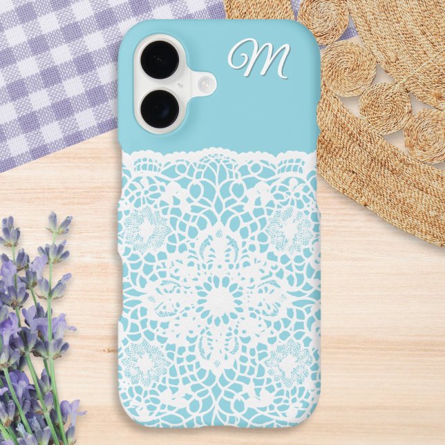 Elegant Light Blue and White Lace Monogrammed Case-Mate iPhone Case (A pretty phone case in light blue with white lace effect and custom monogram)