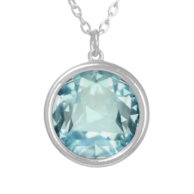 Elegant light blue aquamarine gemstone photo silver plated necklace (Front)