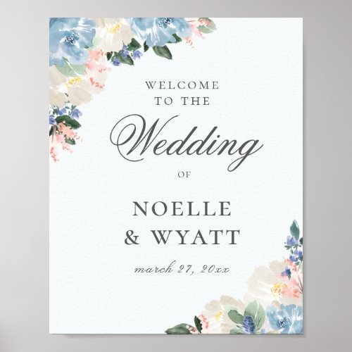 Elegant Light Blue Botanical Wedding Welcome Poster