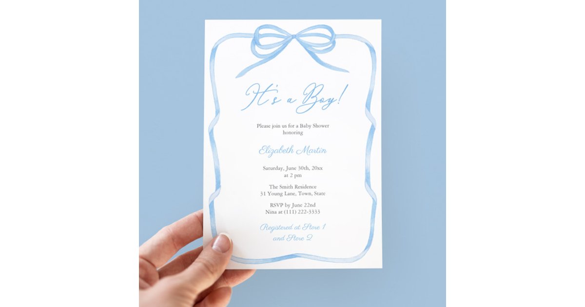 Elegant Light Blue Bow Its A Boy Baby Shower Party Invitation | Zazzle