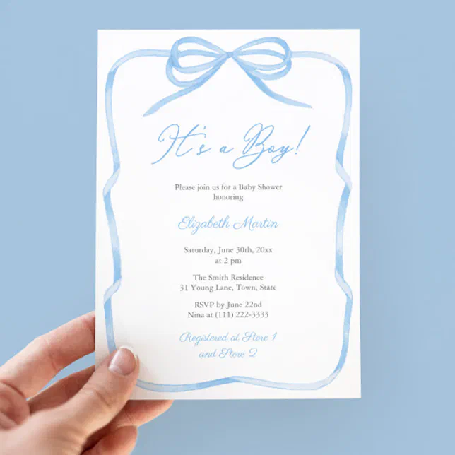 Elegant Light Blue Bow Its A Boy Baby Shower Party Invitation | Zazzle