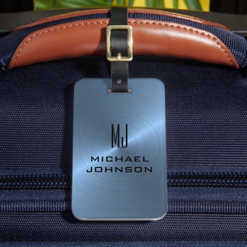 Elegant Light Blue Brushed Metallic Monogrammed  Luggage Tag