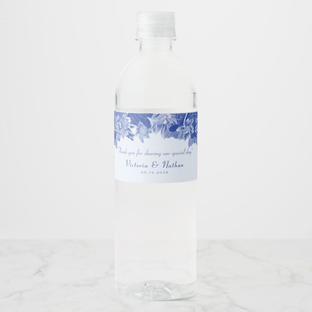Elegant Light Blue Chinoiserie Thank You Wedding  Water Bottle Label (Front)