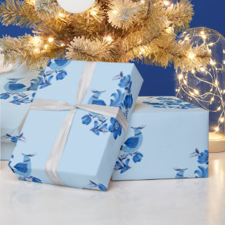 Elegant Light Blue & Cobalt Folk Art Bird Wrapping Paper