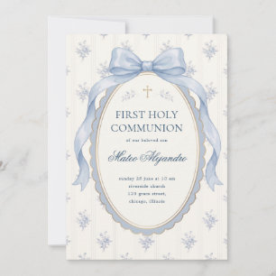 Elegant Light Blue Coquette Bow Floral First Holy Invitation