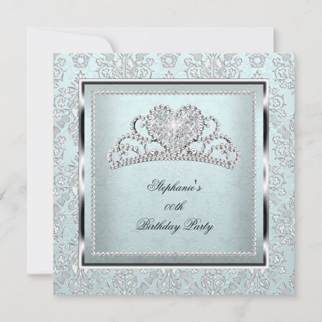 Elegant Light Blue Damask Silver Tiara Birthday Invitation (Front)