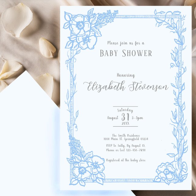 Elegant Light Blue Floral Baby Shower  Invitation (Creator Uploaded)