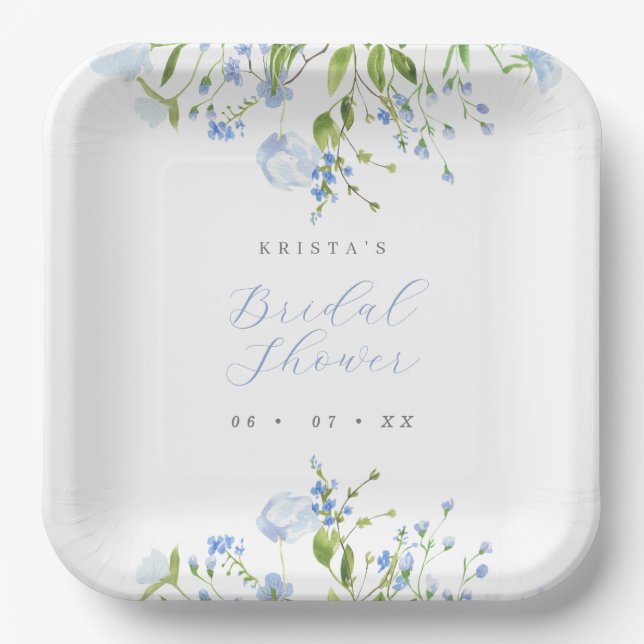 Elegant Light Blue Floral Bridal Shower Paper Plates (Front)