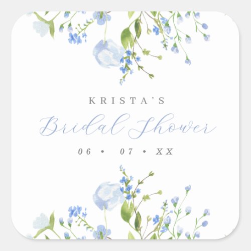 Elegant Light Blue Floral Bridal Shower Square Sticker