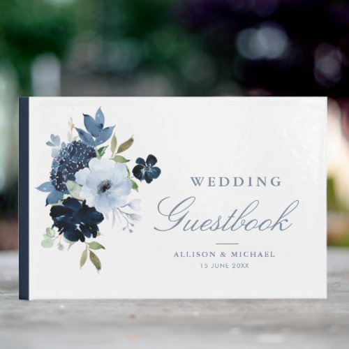 Elegant light blue floral navy wedding guestbook