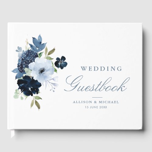 Elegant light blue floral navy wedding guestbook