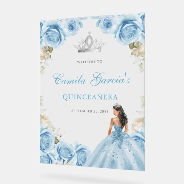 Elegant Light Blue Floral Quinceañera Welcome Acrylic Sign (Angle)