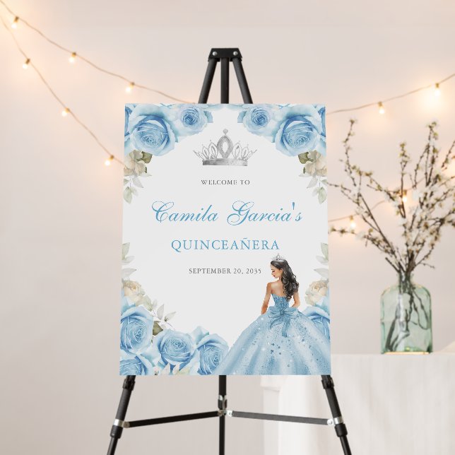 Elegant Light Blue Floral Quinceañera Welcome Sign (In Situ (Stand))