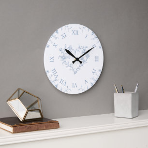 Elegant Light Blue Floral Toile de Jouy Wall Large Clock