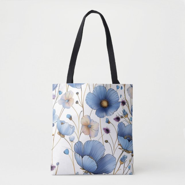 Elegant light blue floral tote bag (Front)