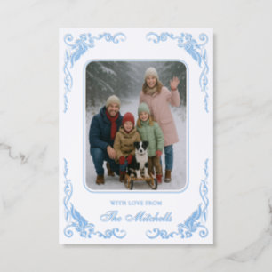 Elegant Light Blue Floral Vine Christmas Holiday Letterpress Photo Cards