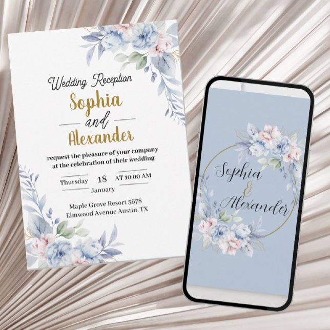 Elegant Light Blue Floral Wedding Invitation  Desc (Creator Uploaded)