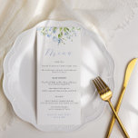 Elegant Light Blue Floral Wedding Menu<br><div class="desc">Elegant wedding menus with a top border of light blue watercolor flowers and greenery and the heading "menu" in light blue modern calligraphy font,  Edit with your names,  wedding date and menu. Click "customize further" to adjust layout.</div>
