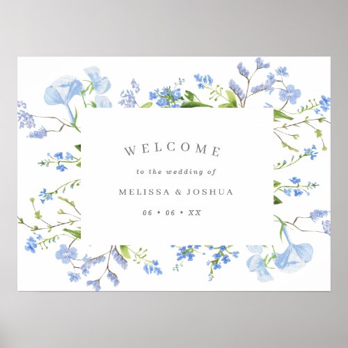 Elegant Light Blue Floral Wedding Welcome Poster