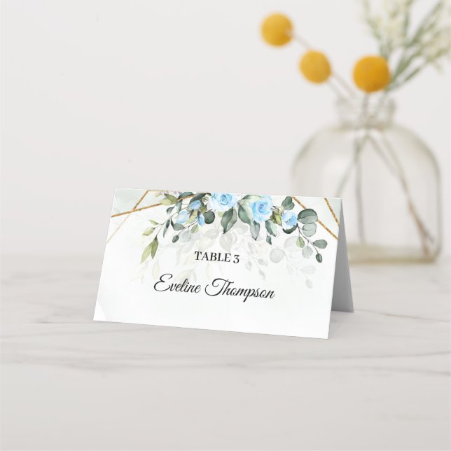 Elegant Light blue flowers eucalyptus and gold Place Card (Front)