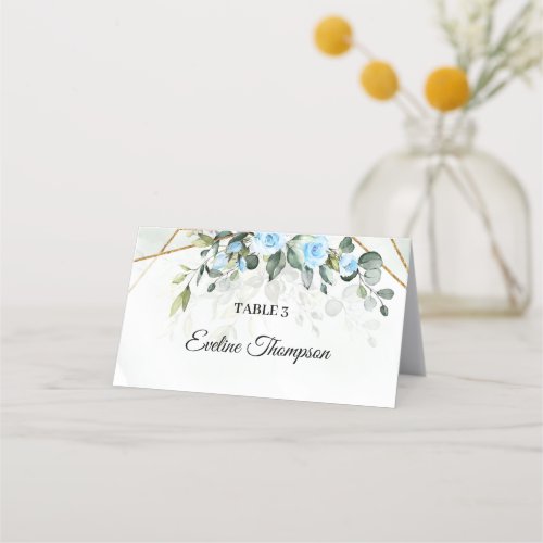 Elegant Light blue flowers eucalyptus and gold Place Card