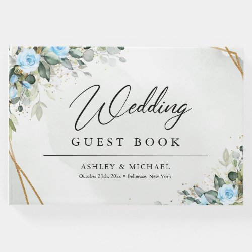 Elegant Light blue flowers eucalyptus gold wedding Guest Book