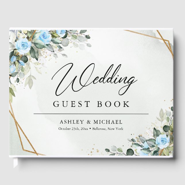 Elegant Light blue flowers eucalyptus gold wedding Guest Book (Front)