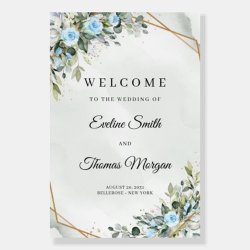 Elegant Light blue flowers eucalyptus welcome sign