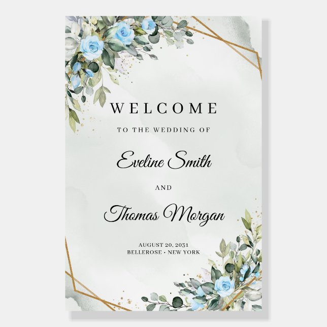 Elegant Light blue flowers eucalyptus welcome sign (Front)
