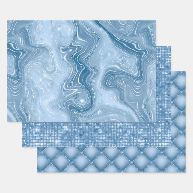 Elegant Light Blue Glitter Glam Patterns Wrapping Paper Sheets (Set)