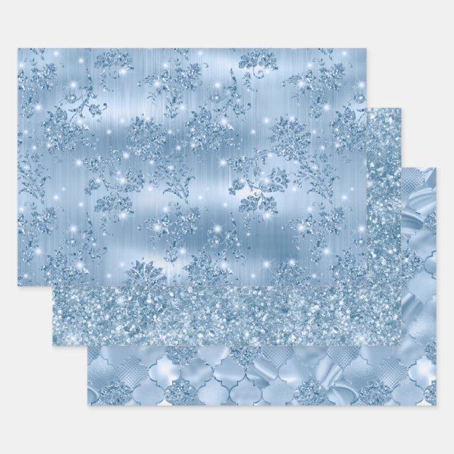 Elegant Light Blue Glitter Glam Patterns Wrapping Paper Sheets (Set)