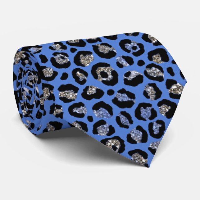 Elegant Light Blue Glitter Leopard Animal Print Neck Tie (Rolled)