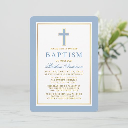 Elegant Light Blue Gold Baptism Invitation | Zazzle