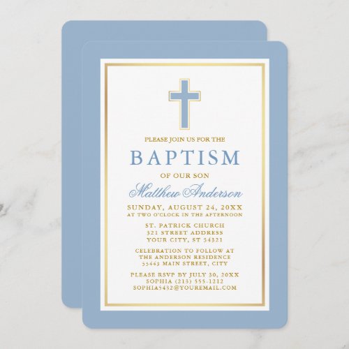 Elegant Light Blue Gold Baptism Invitation