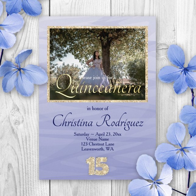 Elegant Light Blue, Gold Glitter 15 Quinceanera Foil Invitation (elegant light blue and gold quinceanera invitations gold glitter 15 15th mis quince anos)