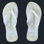 Elegant Light Blue & Gold Lacy Bridesmaid Wedding Flip Flops<br><div class="desc">These elegant wedding flip flops are a great way to thank and recognize your bridesmaids, while giving their feet a rest after a long day. The beautiful design features an elegant design with lacy golden frills on a pale powder blue colored background and fancy gold colored script lettering. The text...</div>
