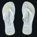 Elegant Light Blue & Gold Lacy Bridesmaid Wedding Flip Flops<br><div class="desc">These elegant wedding flip flops are a great way to thank and recognize your bridesmaids, while giving their feet a rest after a long day. The beautiful design features an elegant design with lacy golden frills on a pale powder blue colored background and fancy gold colored script lettering. The text...</div>