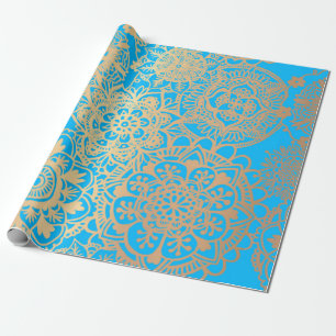Elegant Light Blue Gold Mandala Pattern Wrapping Paper