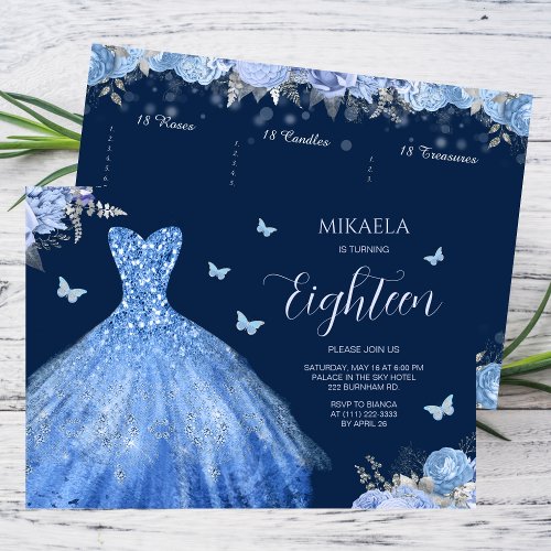 Elegant Light Blue Gown Floral 18th Birthday Invitation