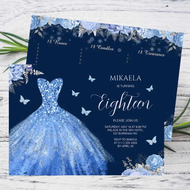 Elegant Light Blue Gown Floral 18th Birthday Invitation | Zazzle Elegant Light Blue Gown Floral 18th Birthday Invitation | Zazzle
