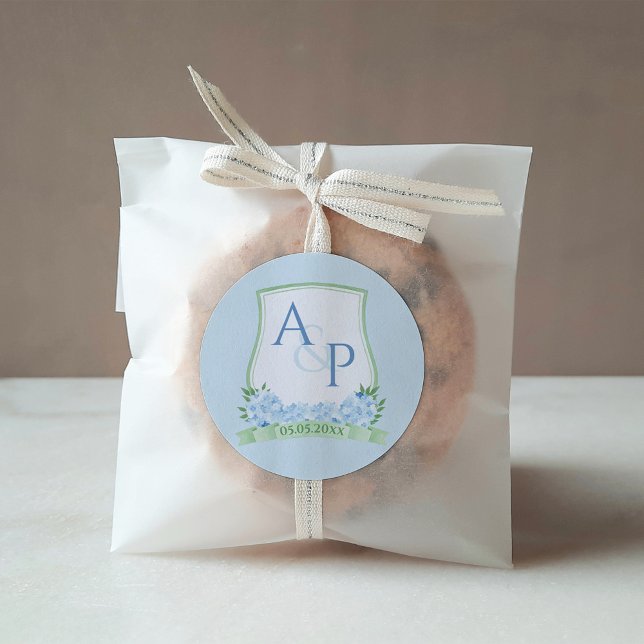 Elegant Light Blue Green Botanical Wedding Crest Classic Round Sticker (Elegant pale blue and sage green monogram watercolor wedding crest thank you favor sticker design)