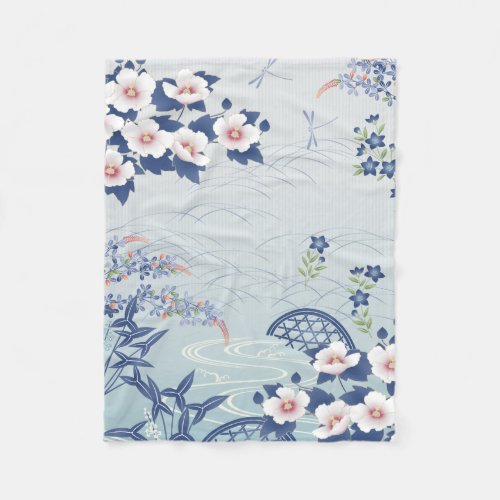 Elegant Light Blue Japanese Flower Garden Fleece Blanket