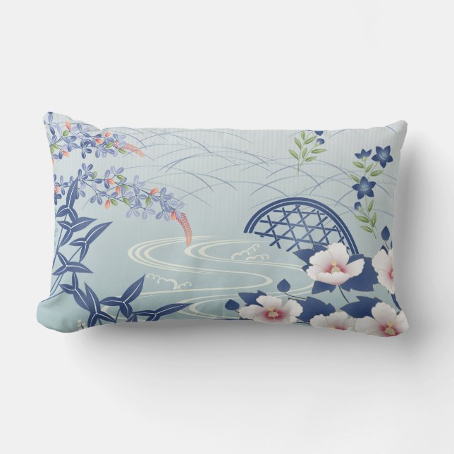 Elegant Light Blue Japanese Flower Garden Lumbar Pillow (Front)