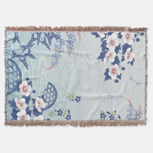 Elegant Light Blue Japanese Flower Garden Throw Blanket