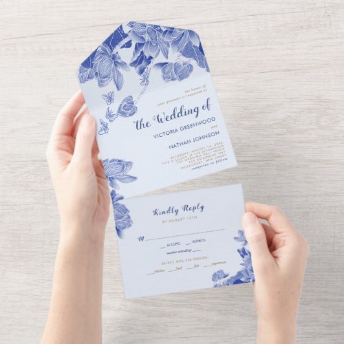 Elegant Light Blue Lotus Floral Chinoiserie  All In One Invitation