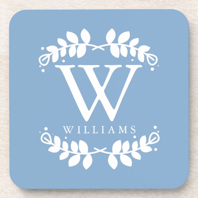 Elegant Light Blue Monogram Beverage Coaster (Front)