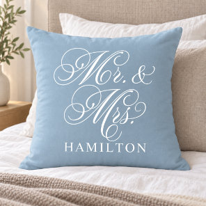 Elegant Light Blue Mr and Mrs Script Wedding Throw Pillow