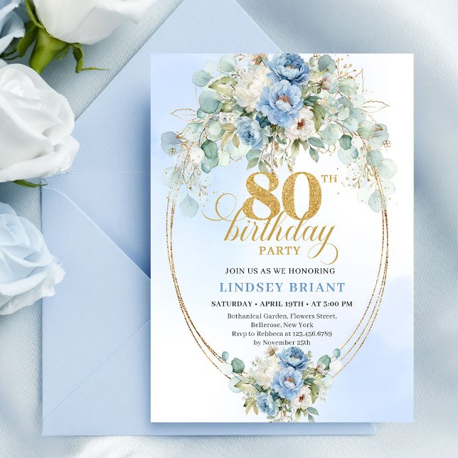 Elegant Light Blue Peony Floral Gold 80th Birthday Invitation (Elegant Light Blue Peony Floral Gold 80th Birthday Invite)