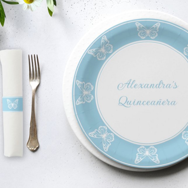 Elegant Light Blue Quinceañera - Butterfly Classy Paper Plates (Light blue quince decor - Disposable food plates)