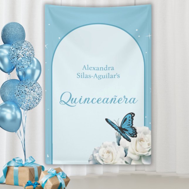 Elegant Light Blue Quinceañera - Welcome Signs (Elegant Light Blue Quinceañera Photo Wall Banner)